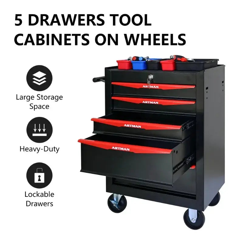 30 Inch 5 Drawer Rolling Tool Chest Metal Tool Cabinet with Ball Bearing Slides Steel Storage Box with Wheels Lockable Black Red from PriceLows™