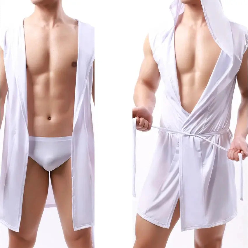 Men Hooded Bathrobe | Sleeveless Cut | Lightweight Mesh | Solid Pattern