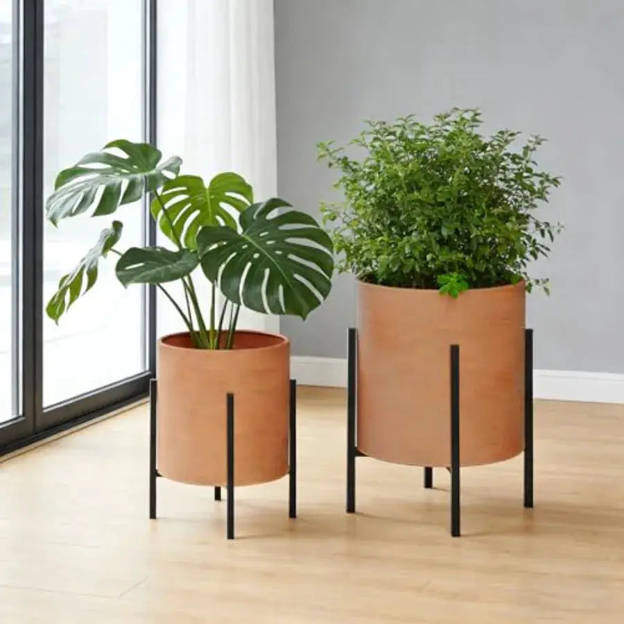 Modern plant pots set of 2 large metal planters with stand for living room office garden or balcony, terracotta color, drainage from PriceLows™