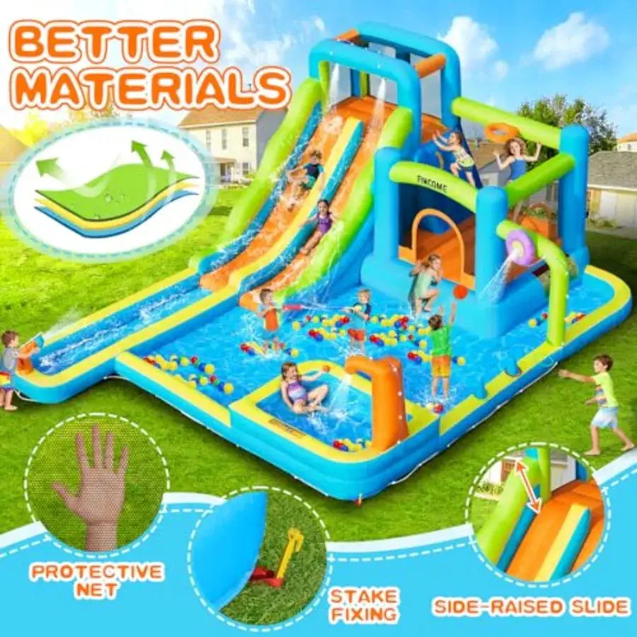 Large Inflatable Water Bouncy Castle with Double Slide for 3-10 Blue and Yellow Water Bounce House with Long Slide and Air Blow from PriceLows™