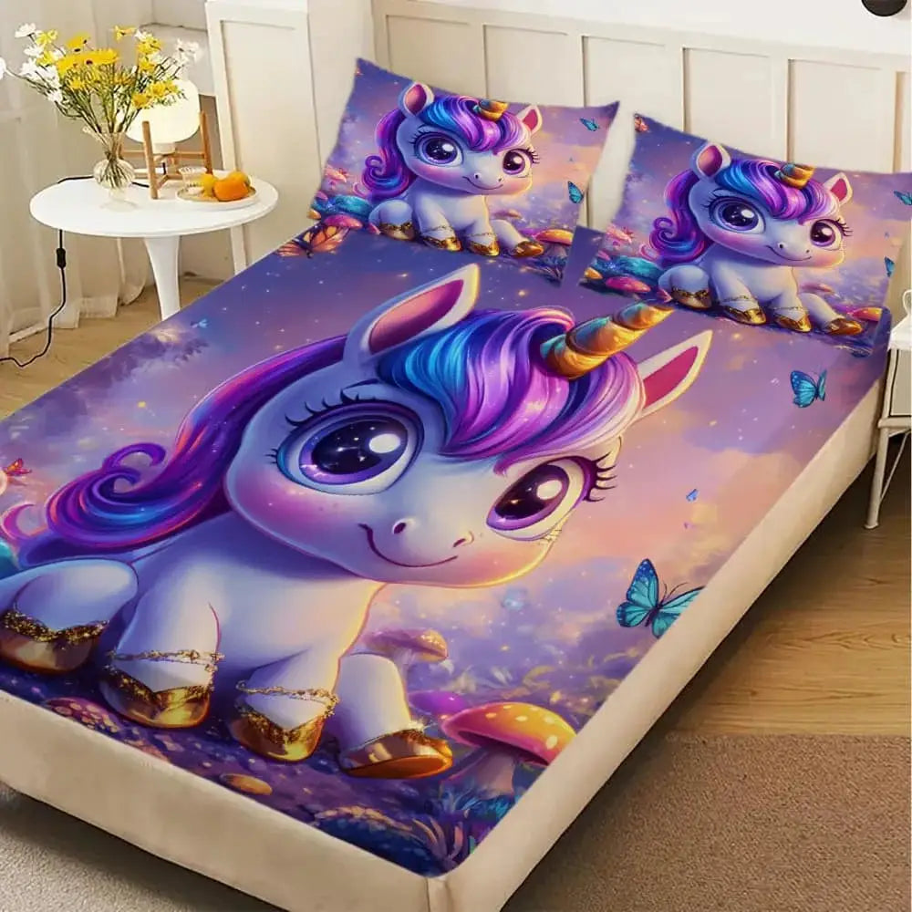 Enchanted Forest Unicorn & Mushroom Print Fitted Sheet Deep Pocket Elastic Mattress Cover Single Double Queen King Bedroom Decor from PriceLows™