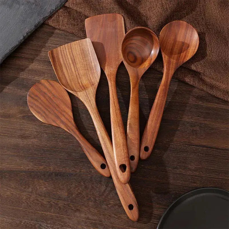 5pcs Wooden Utensil Set with Hanging Holes, Food Grade Spoons and Spatula 24-33.7cm, Non-Toxic Smooth Kitchen Tools for Cooking from PriceLows™