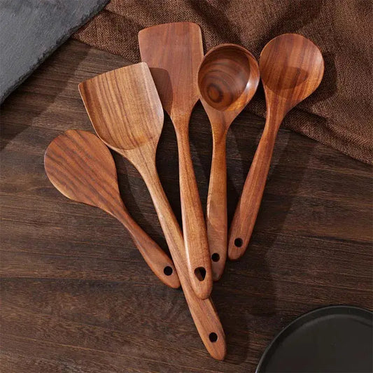 5pcs Wooden Utensil Set with Hanging Holes, Food Grade Spoons and Spatula 24-33.7cm, Non-Toxic Smooth Kitchen Tools for Cooking from PriceLows™