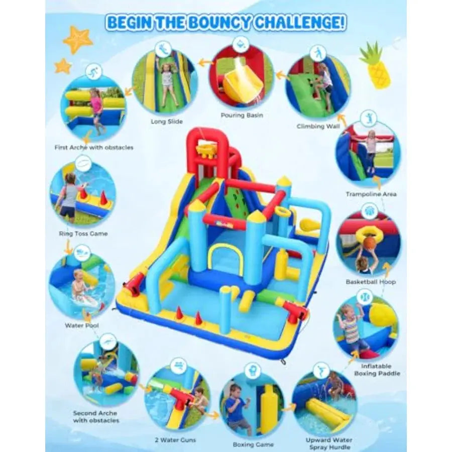 16-in-1 Water Slide Bounce House for Backyard, 13x11x7.4FT Large Inflatable Obstacle Course Water Park w/Water Bucket/Water Gun from PriceLows™