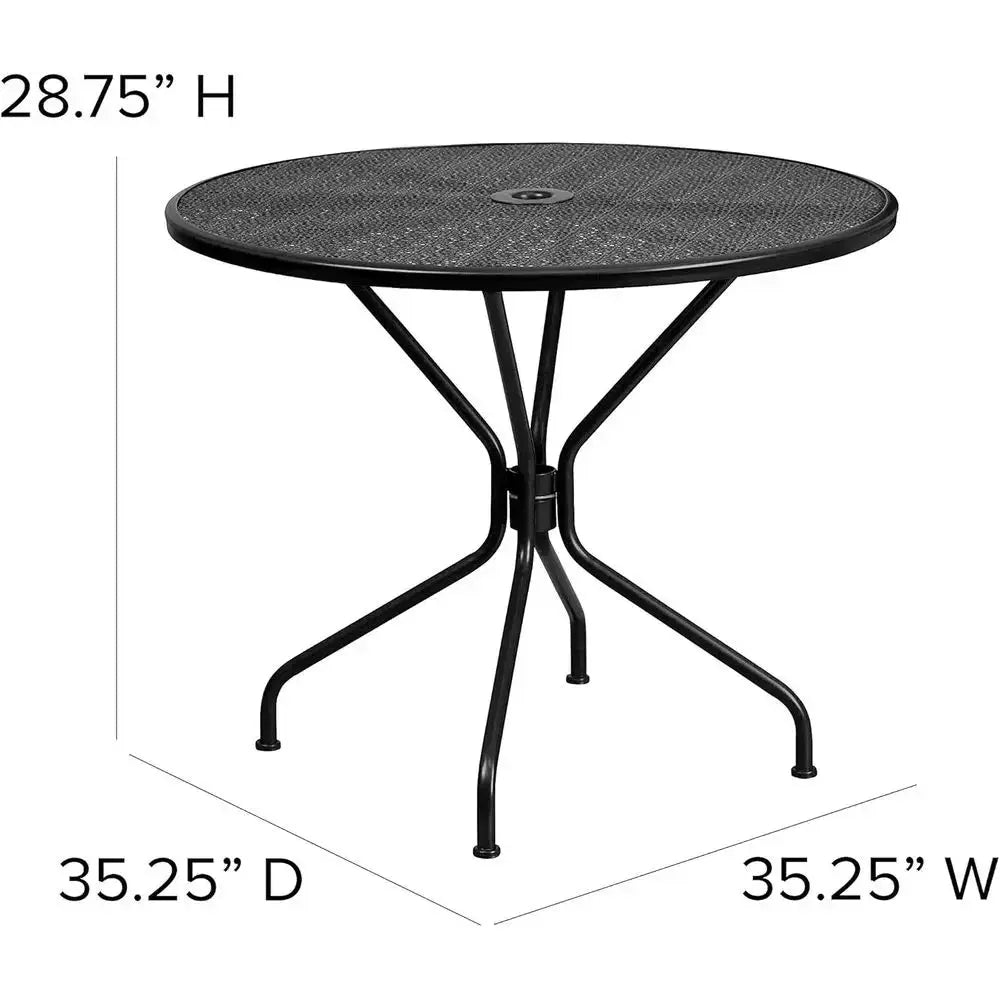 35.25 Round Black Steel Patio Table with Umbrella Hole for Indoor & Outdoor Use from PriceLows™