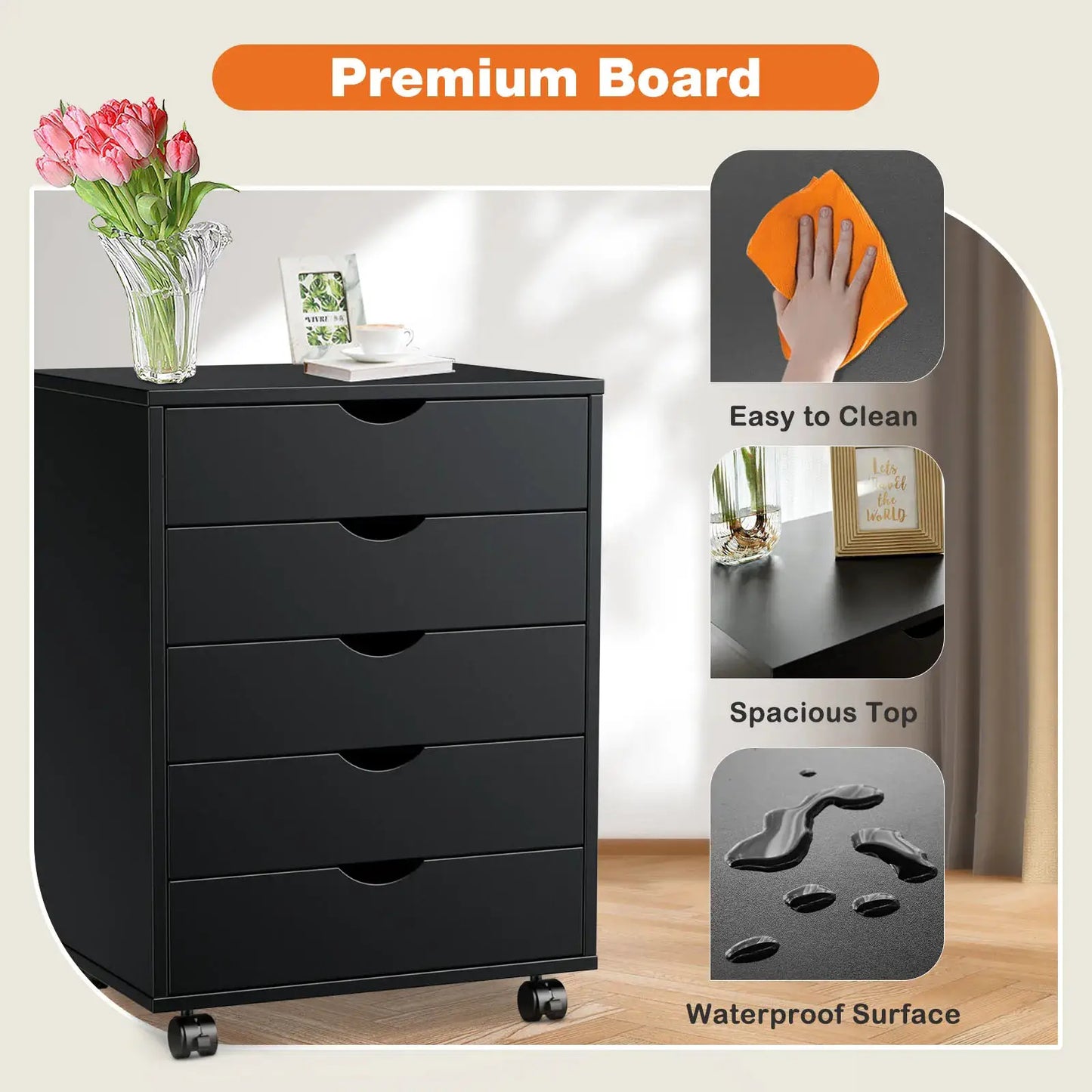 JHK Wood Nightstand Cabinet 5 Drawers Waterproof Surface Storage Organizer File Office Easy To Move Bedside Table Rotating Wheel from PriceLows™