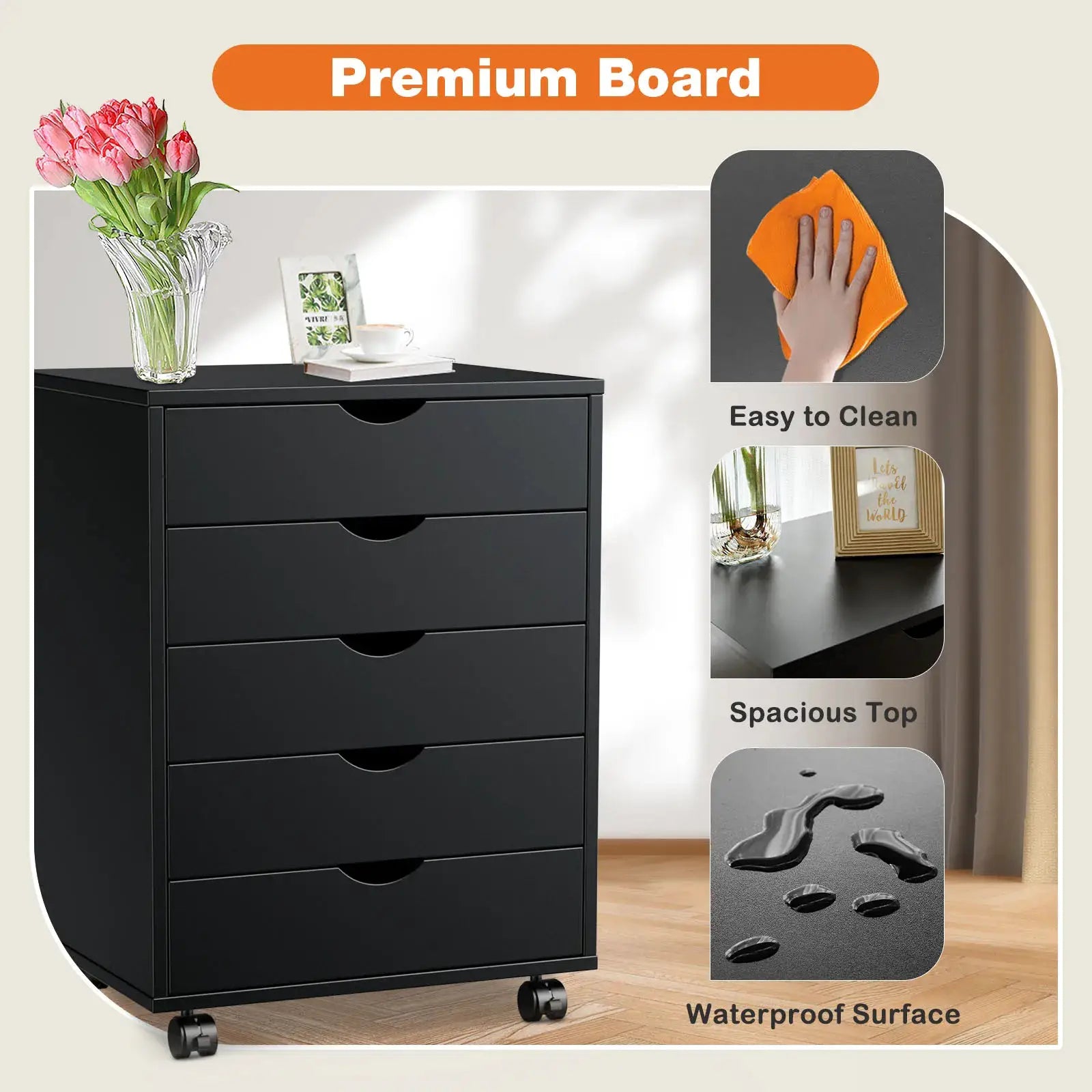 JHK Wood Nightstand Cabinet 5 Drawers Waterproof Surface Storage Organizer File Office Easy To Move Bedside Table Rotating Wheel from PriceLows™