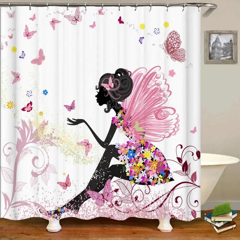 Pink Flower Butterfly Girls Shower Curtains Bathroom Curtain Fabric Waterprood Polyester For Bath Decor Bath Curtain With Hooks from PriceLows™