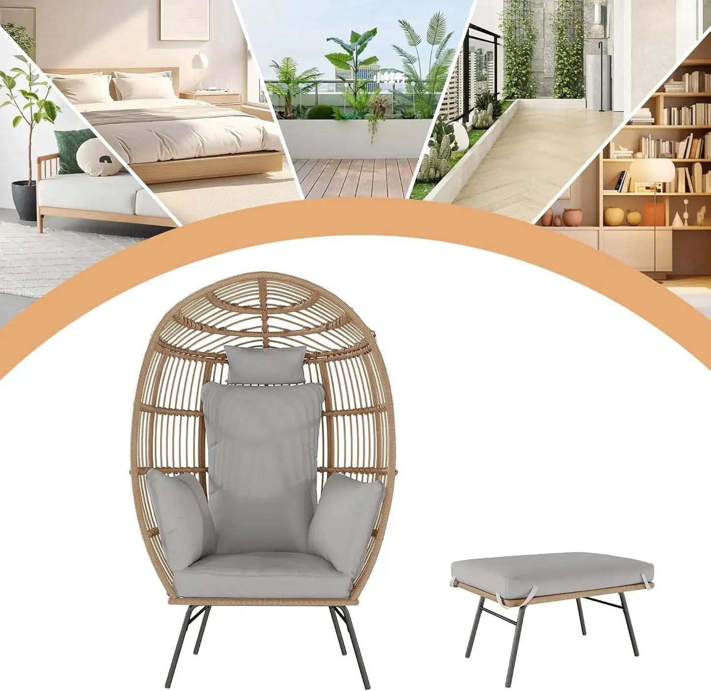 Wicker Egg Chair with Ottoman, Waterproof UV Resistant Patio Lounge Chair with Cushions, Accent Furniture for Garden, Balcony from PriceLows™