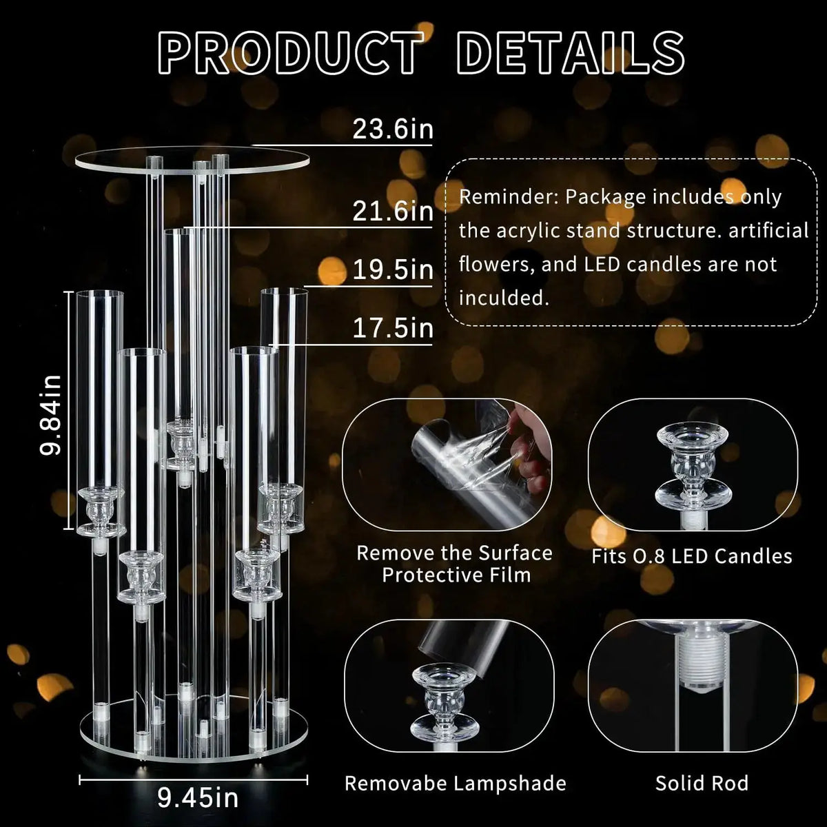Acrylic Candelabra Stand | 5 Arm Design | Clear Finish | 2 Piece Set