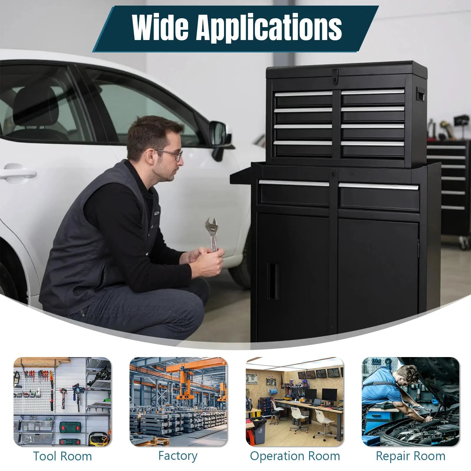 Large Detachable Toolbox with Double Door and Wheels Sliding Drawers Tool Chest Cart Wear Resist Metal Parts Storage Cabinets from PriceLows™