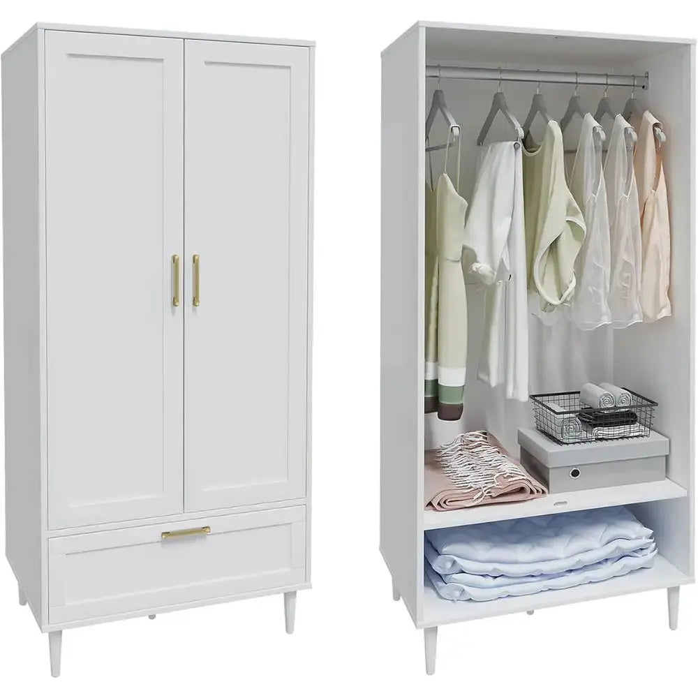 60 Modern 2-Door White Bedroom Wardrobe with Hanging Rod and Storage Cabinet from PriceLows™