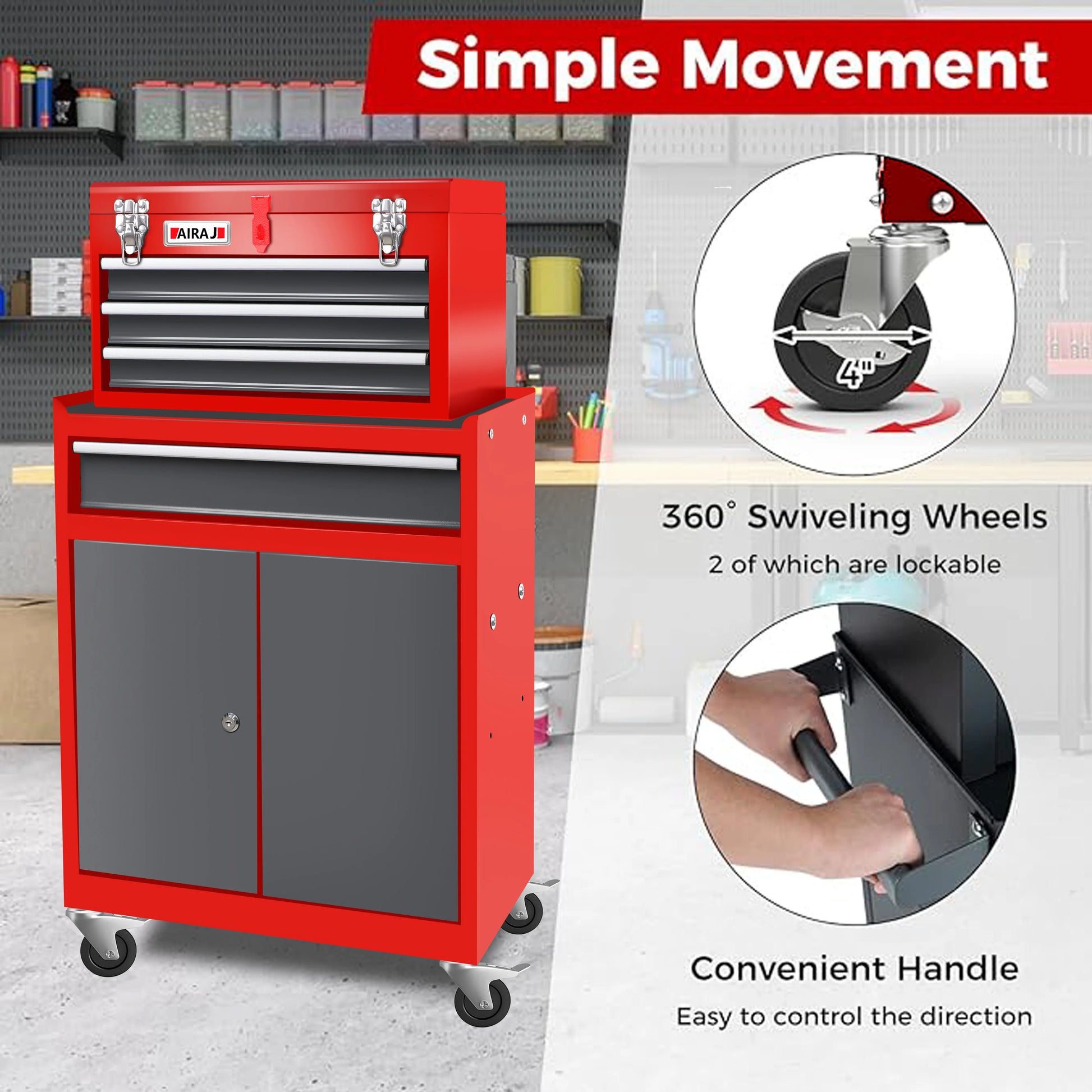 Double door four drawer rolling tool chest, lockable detachable top large tool cabinet, padded metal toolbox from PriceLows™