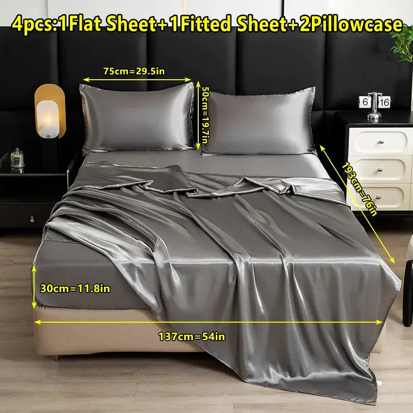 【Mother's Day Gift】4-Piece Set of Solid Color Satin Bed Sheet Set (1 Flat Sheet + 1 Fitted Sheet + 2 Pillowcases), Luxurious and Soft, with a Natural Luster, Skin-Friendly and Breathable Bedding from PriceLows™