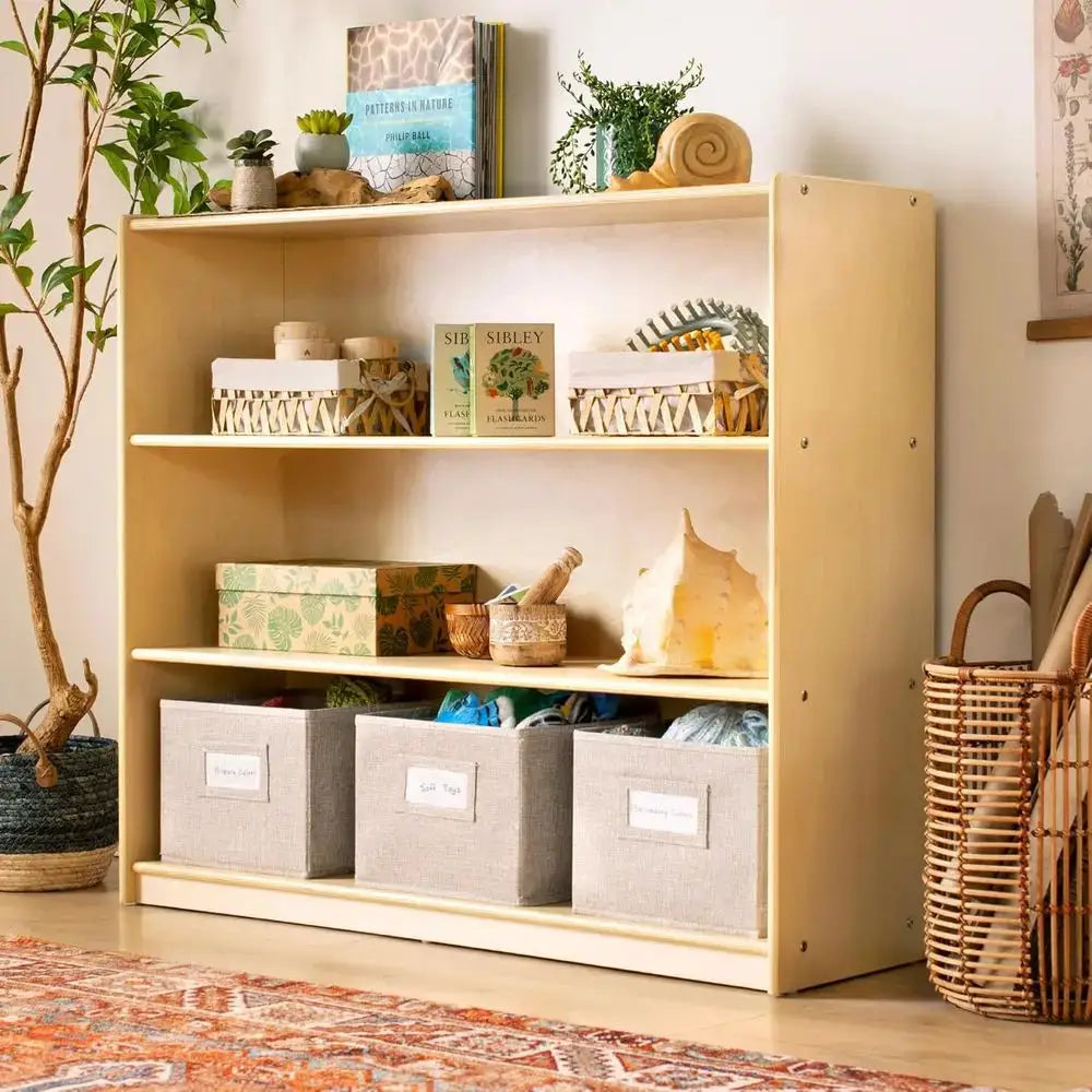 Open Shelving Storage with 3 Fabric Bins: Wooden Kids Bookcase and Toy Organizer for Homeschool and Classroom Use from PriceLows™