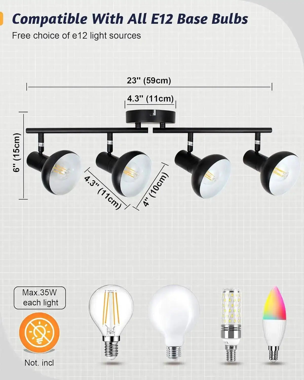 Retro Industrial 4 Way Ceiling Spot Light Adjustable Angle E12 Base Black Metal Finish Track Lights Fixture from PriceLows™