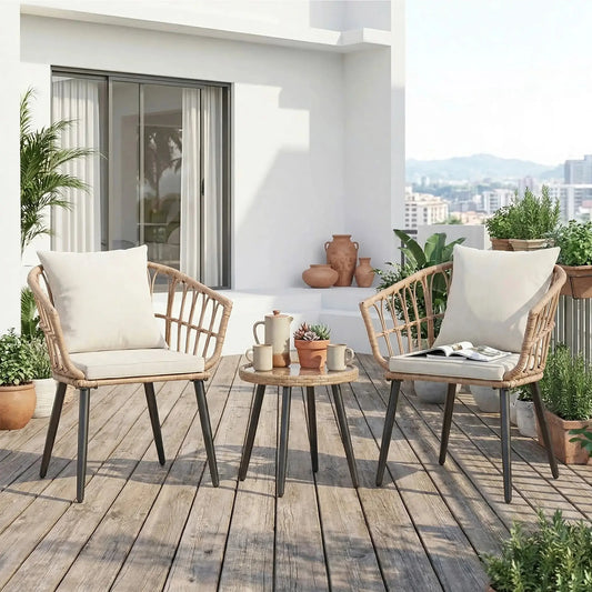 JHK 3 Pieces Wicker Patio Outdoor Set with Soft Cushion and Glass Steel Frame Table Manual Weaving Patio Chairs For Garden Lawn from PriceLows™