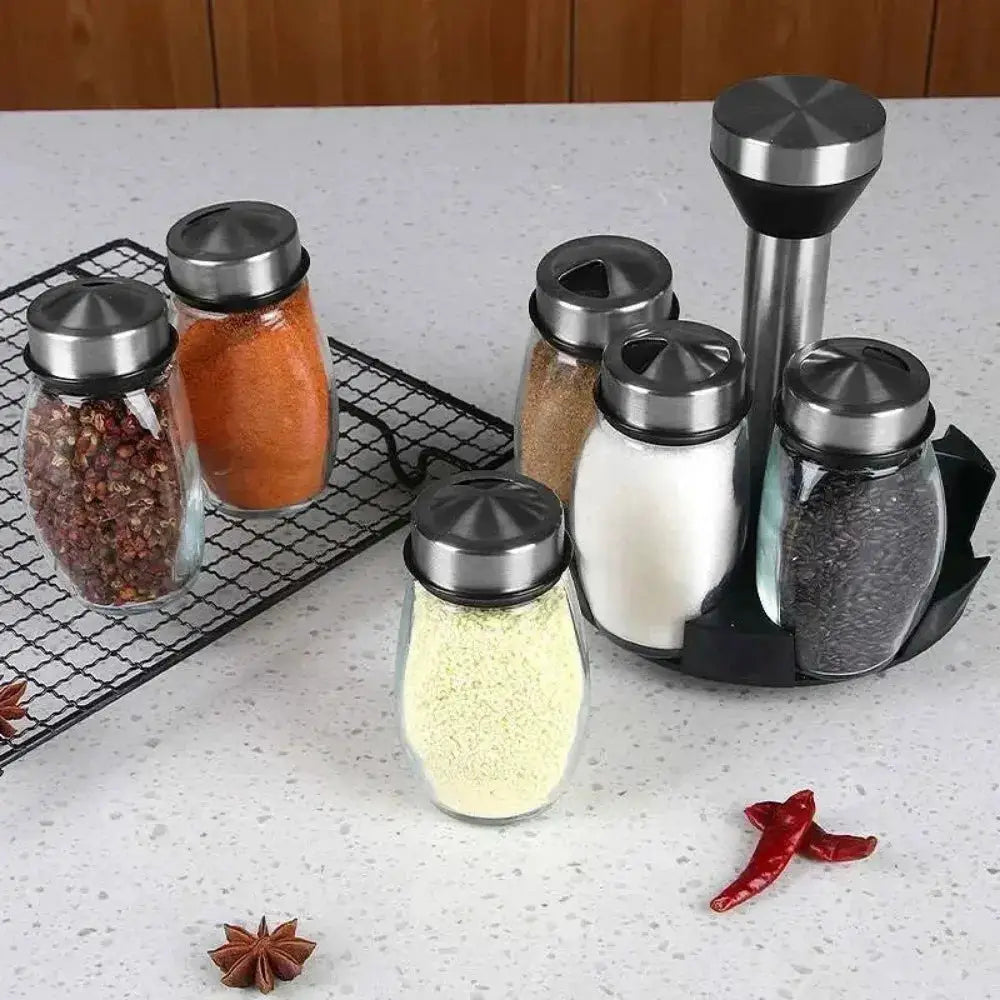 Spice Jar Set | Rotating Glass Organizer | 7 Piece Spice Jars | Kitchen Storage Rack