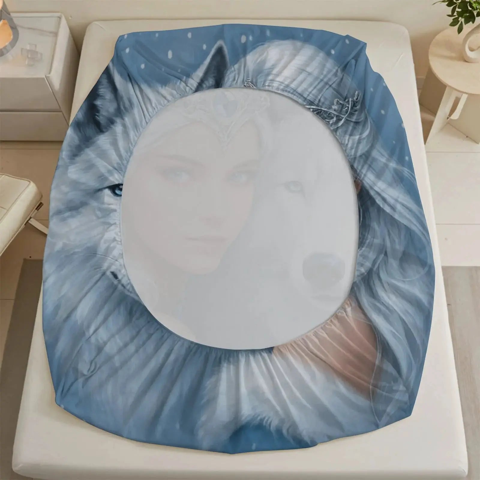 1pc Ice Princess with White Wolf Print Fitted Sheet Deep Pocket Elastic Mattress Cover Single Double Queen King Bedroom Decor from PriceLows™
