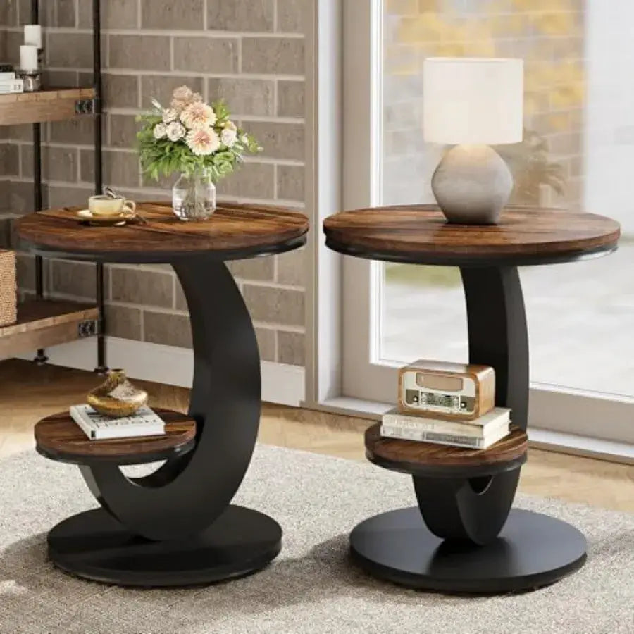 Round End Table Set of Tiers Side Table with Storage Shelf Sofa Side Bedside Nightstand with Rustic Wood and Metal Arc-Shaped F from PriceLows™