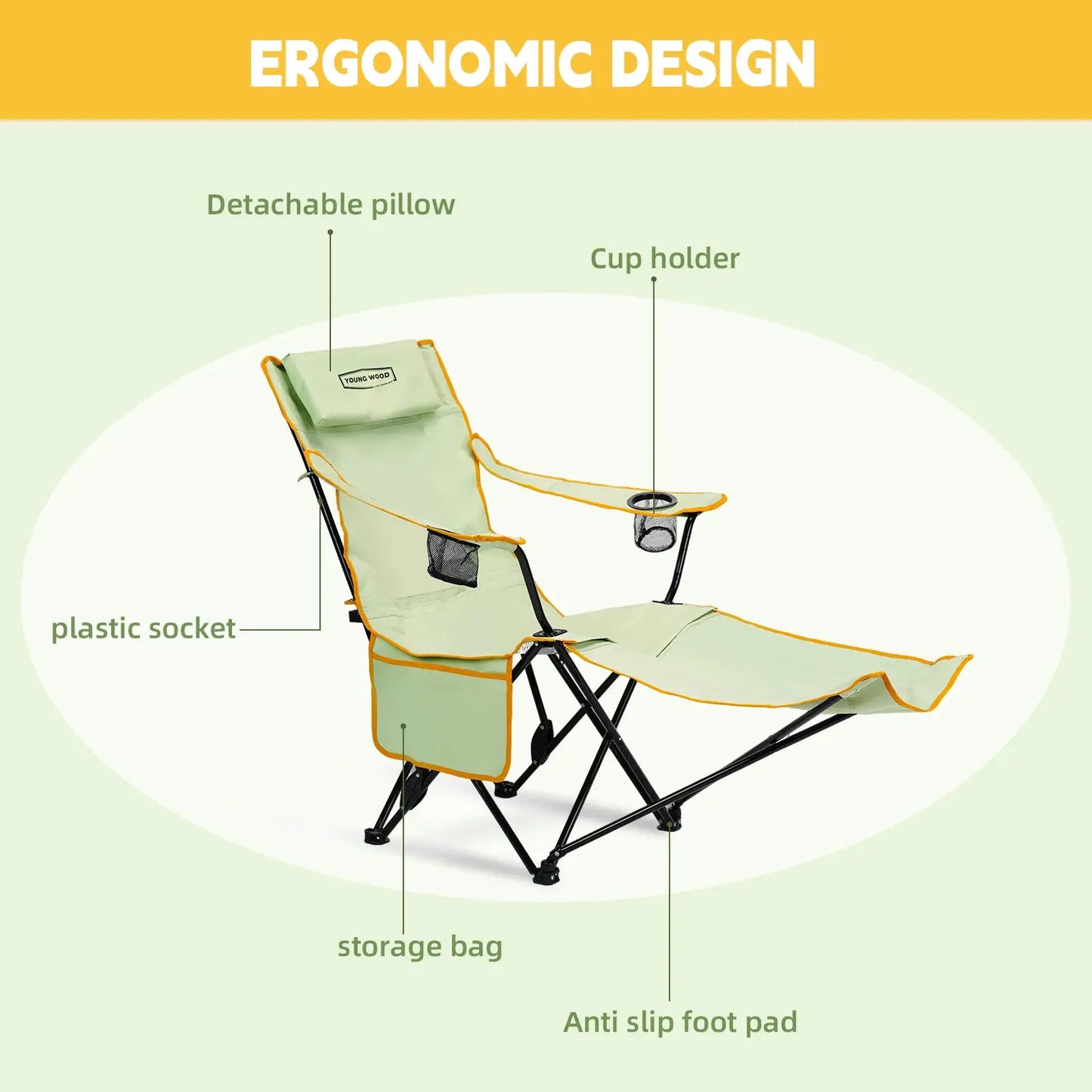 YOUNG WOOD 2-in-1 Reclining Camping Chair with Footrest, Foldable Outdoor Lounge Chair with Cup Holder & Headrest, Portable from PriceLows™