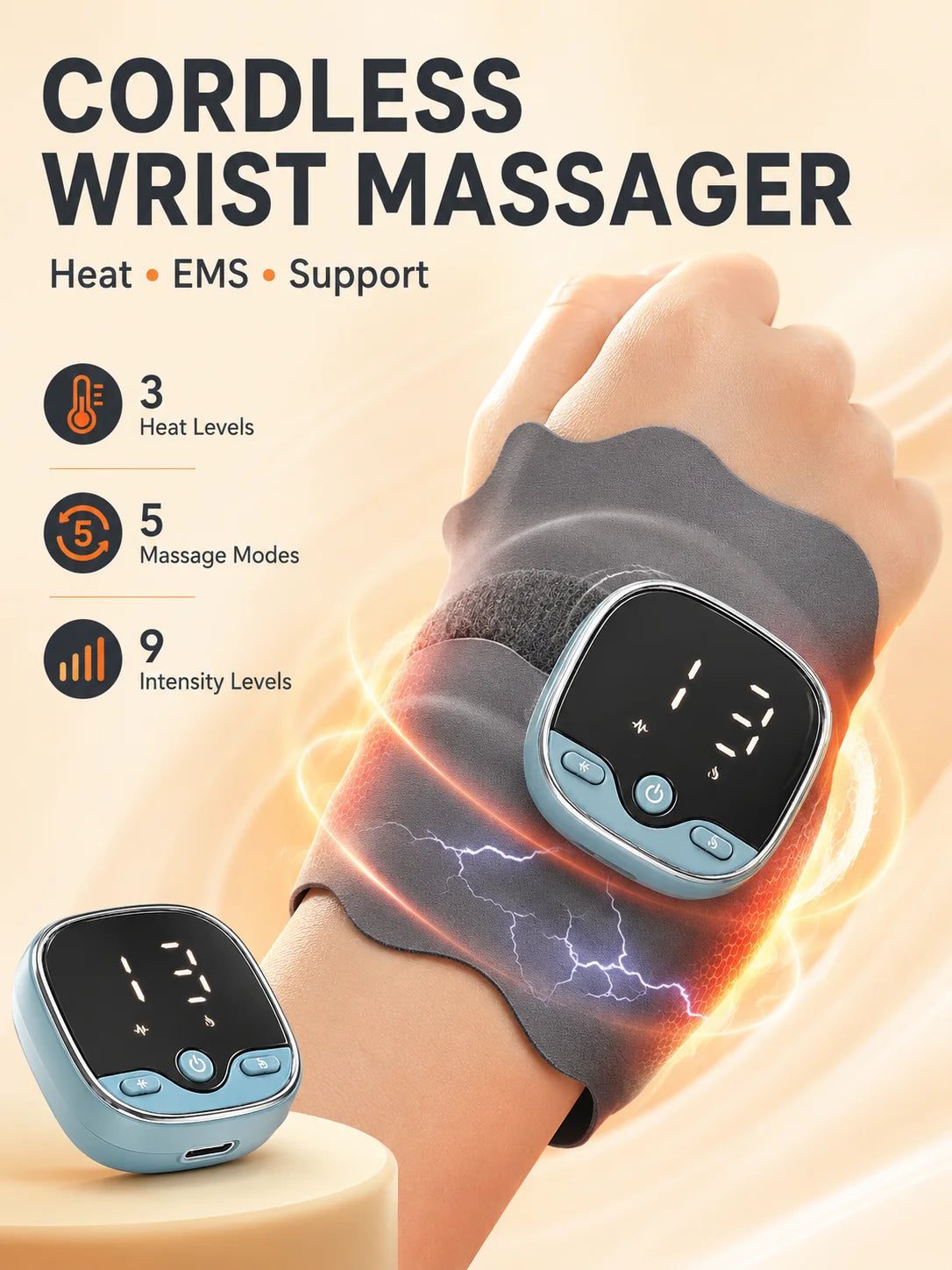 Cordless Wrist Massager | 3 Heat Levels | 5 Modes | Unisex