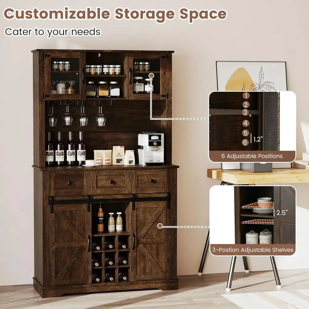 72 Coffee Bar Cabinet with Glass Doors & Wine Racks, Tall Pantry with Drawers and Sliding Barn Doors, Brown from PriceLows™