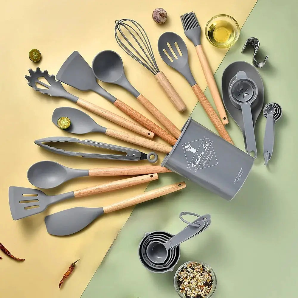 Silicone Kitchen Utensil Set | 34 Piece Collection | Wooden Handles | Black