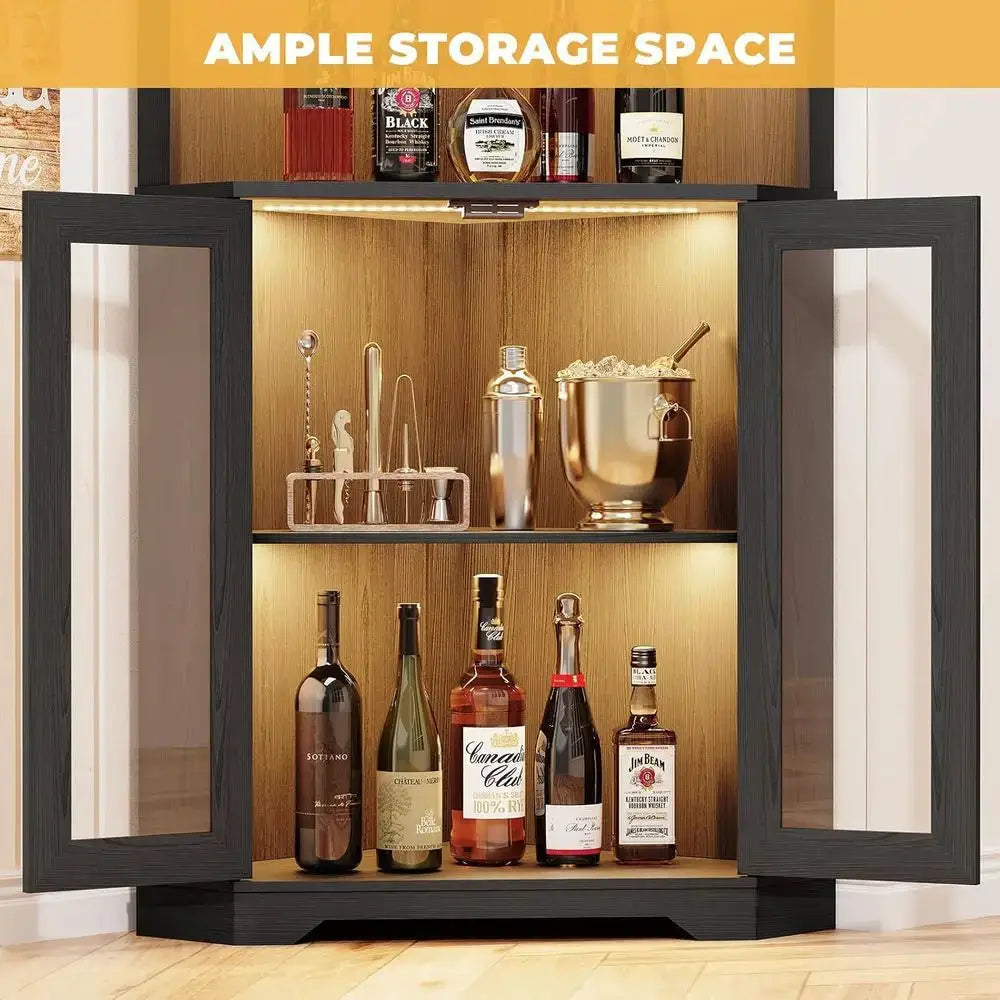 65 Tall LED-lit Wine Cabinet with Glass Holder and Tempered Glass Door for Bar or Dining Room, Black from PriceLows™