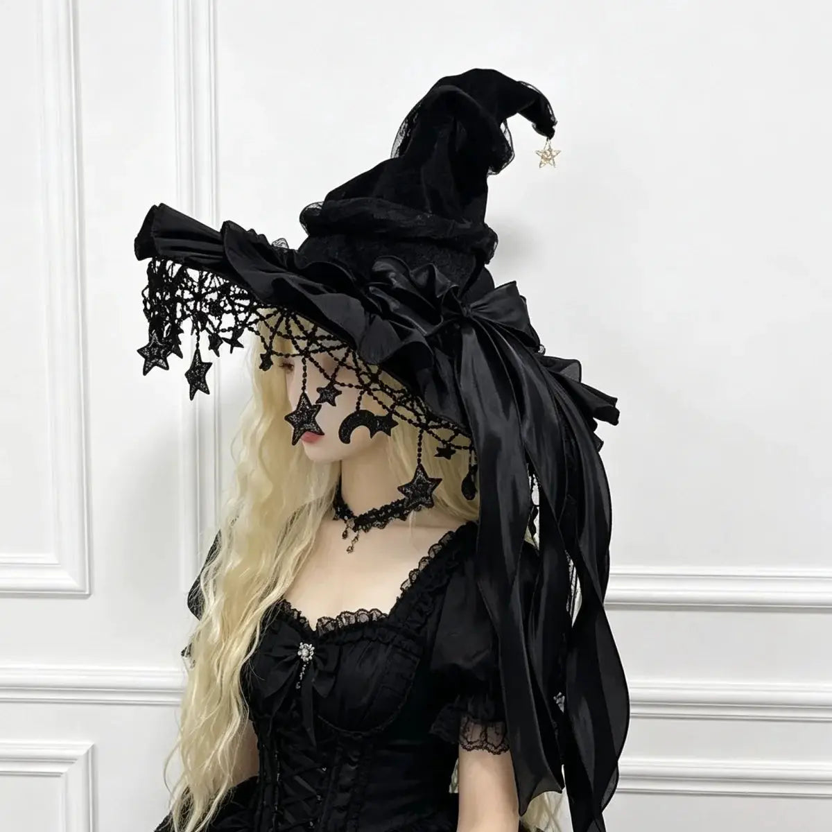 Witch Hat | Lace Trim | Velvet Material | Moon Pendant