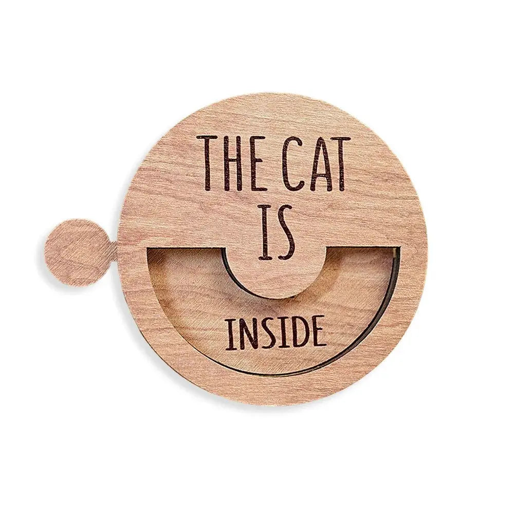 Cat Door Sign | Round Wood Magnet | 7.6 cm Diameter | White Brown