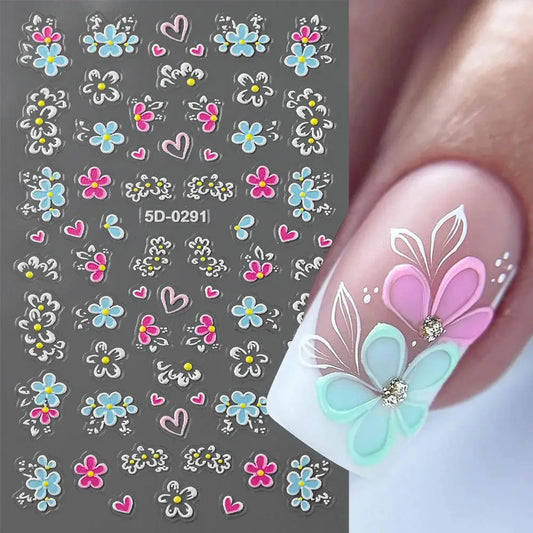 5D Pink Blue Floral Nail Art Stickers Petals Leaf Plant Embossed Nail Decals Spring Summer Flower Design for DIY Nail Supplies from PriceLows™