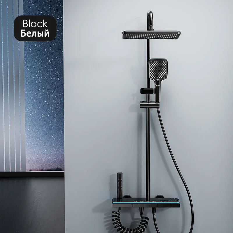 Shower System | Thermostatic Faucet | LED Display Rainfall Shower | Glass Panel
