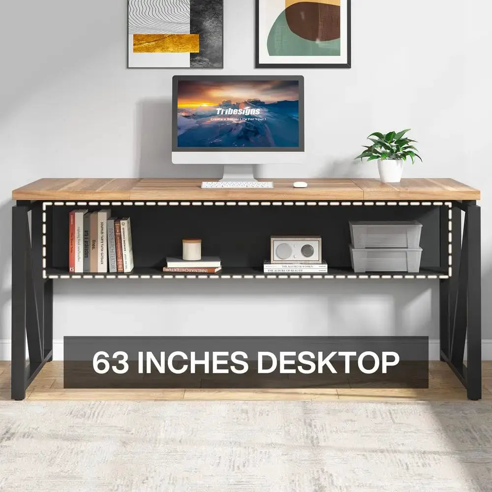 63 inches Computer Desk with Bottom Storage Shelf Home Office Desk Writing Table for Workstation, Dark Walnut Steel Leg, Cabine from PriceLows™