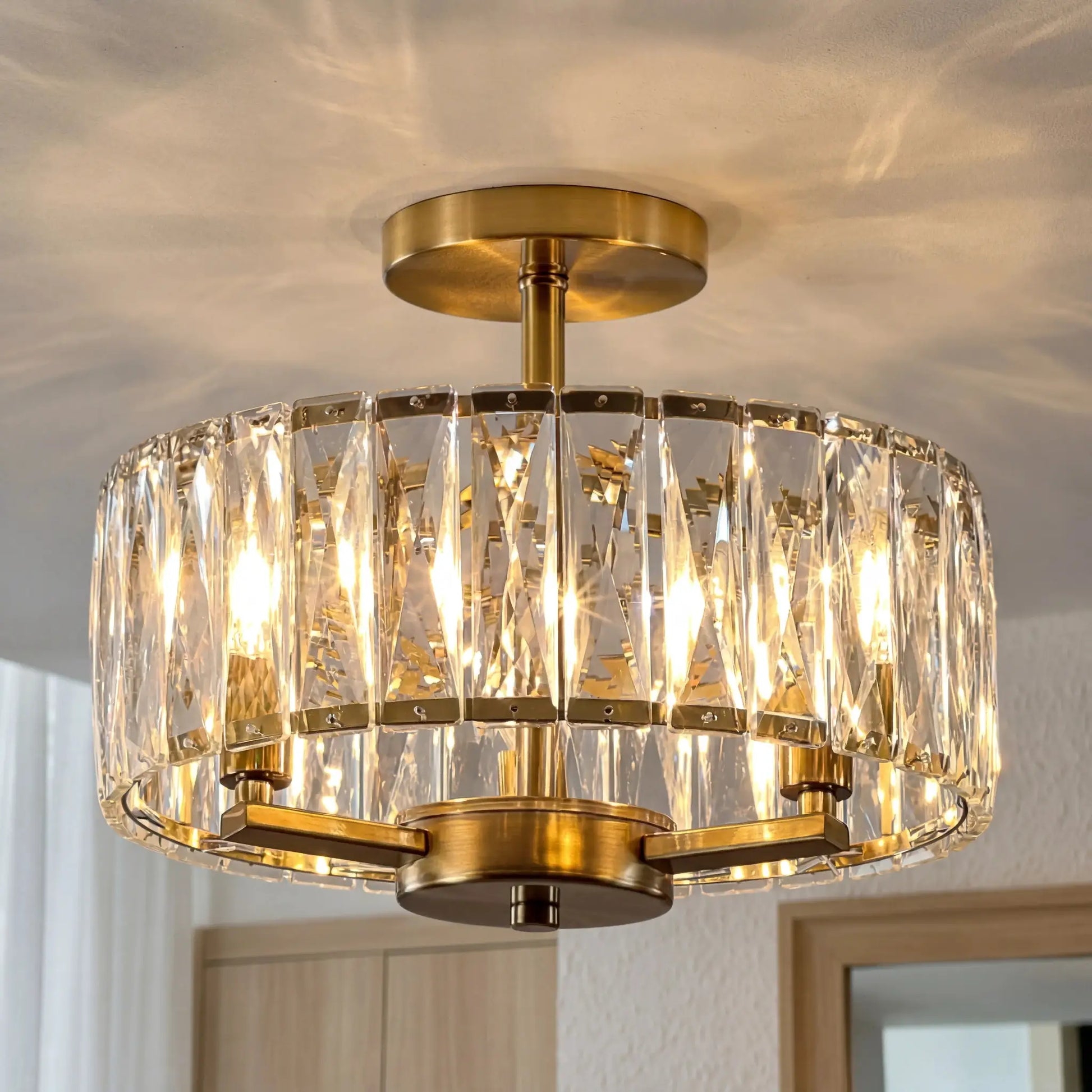 Modern Gold Ceiling Light, Round K9 Crystal Semi Flush Mount Fixture for Hallway Living Room Kitchen Island Dining Room Foyer from PriceLows™