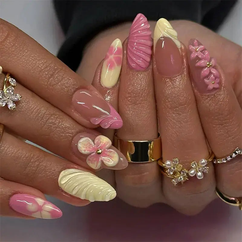 Almond Press On Nails | Acrylic Finish | Pearl Flower Design | 24 Piece Set