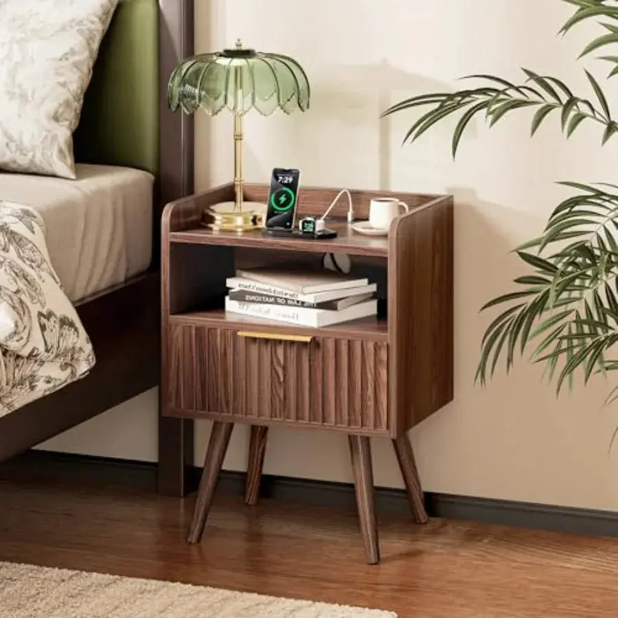 Nightstand with Charging Station, USB-C Port, Fluted Night Stand Set of 2, Bed Side Table with Drawer, Solid Wood Feet, Open St from PriceLows™