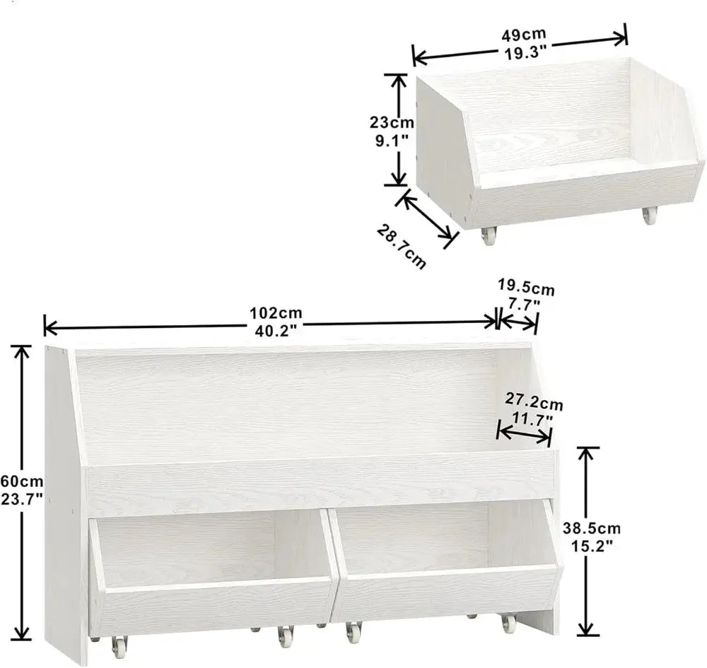 Large Toy Bin Bookcase with Two Drawers, Storage Cabinet on Wheels for Playroom, Bedroom, Nursery (White Oak, Regular) from PriceLows™