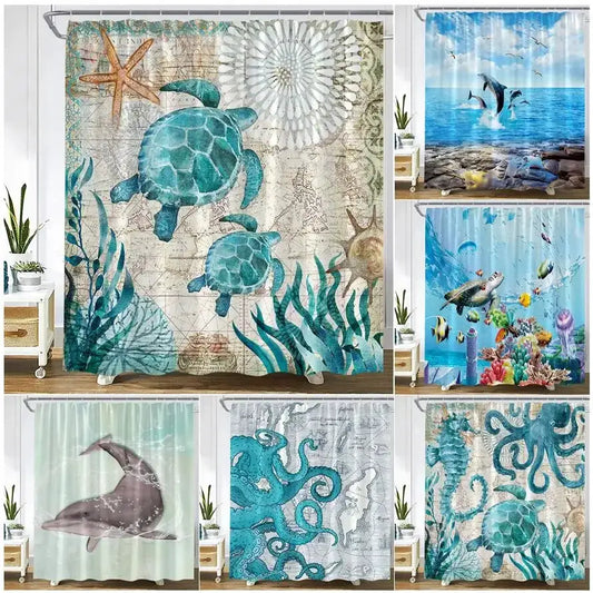 Octopus Sea Turtle Shower Curtain Watercolor Animal Dolphin Tropical Fish Coral Underwater Landscape Curtains Bathroom Decor Set from PriceLows™