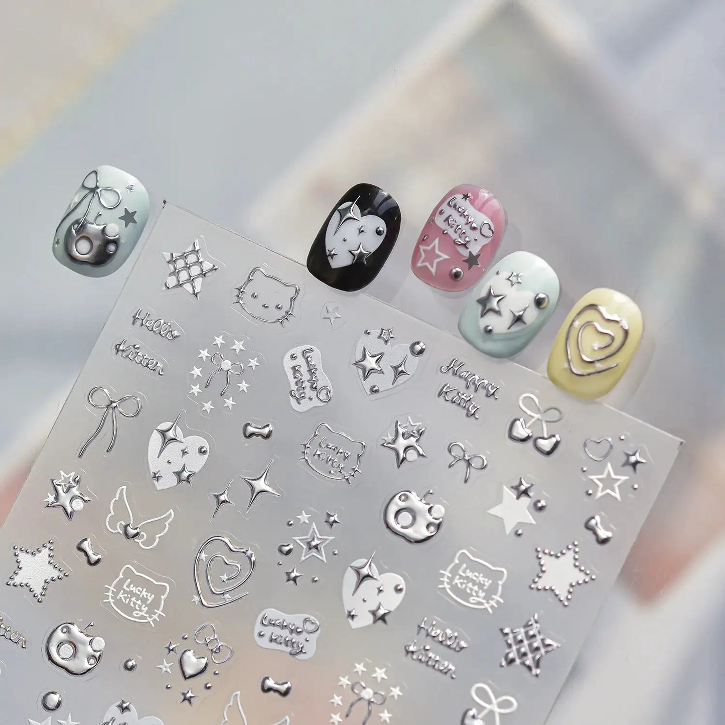 1pc 5D Metallic Silver Nail Stickers Stars Bow Love Heart Back Adhesive Nail Art Sticker DIY Cute Nails Decorations Decals Parts from PriceLows™