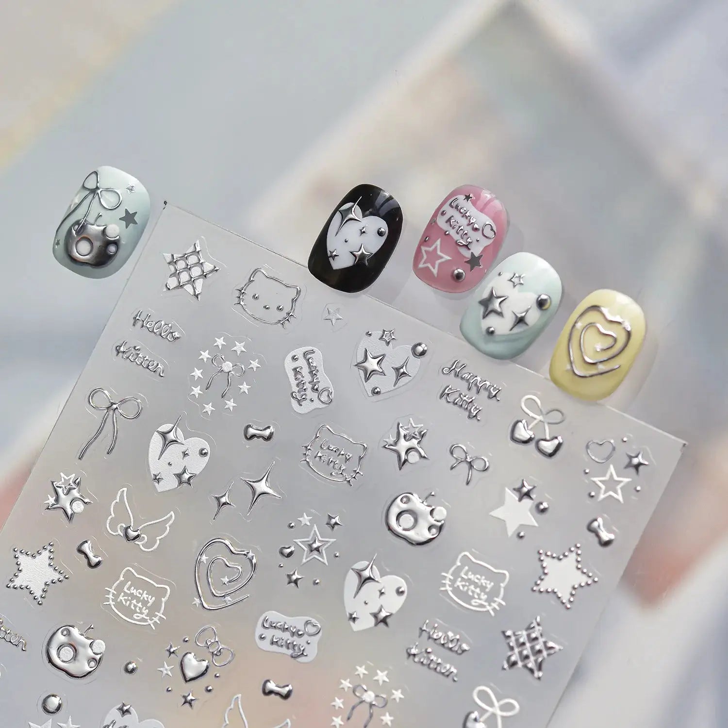 1pc 5D Metallic Silver Nail Stickers Stars Bow Love Heart Back Adhesive Nail Art Sticker DIY Cute Nails Decorations Decals Parts from PriceLows™