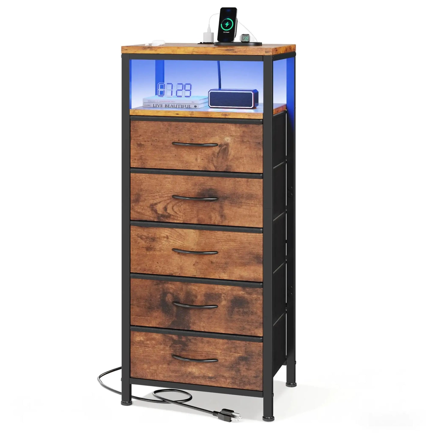 JHK 5 Fabric Drawers Dresser For Bedroom Nightstand with Charging Station and Outlets Adjustable Feet and Variable Light Strip from PriceLows™