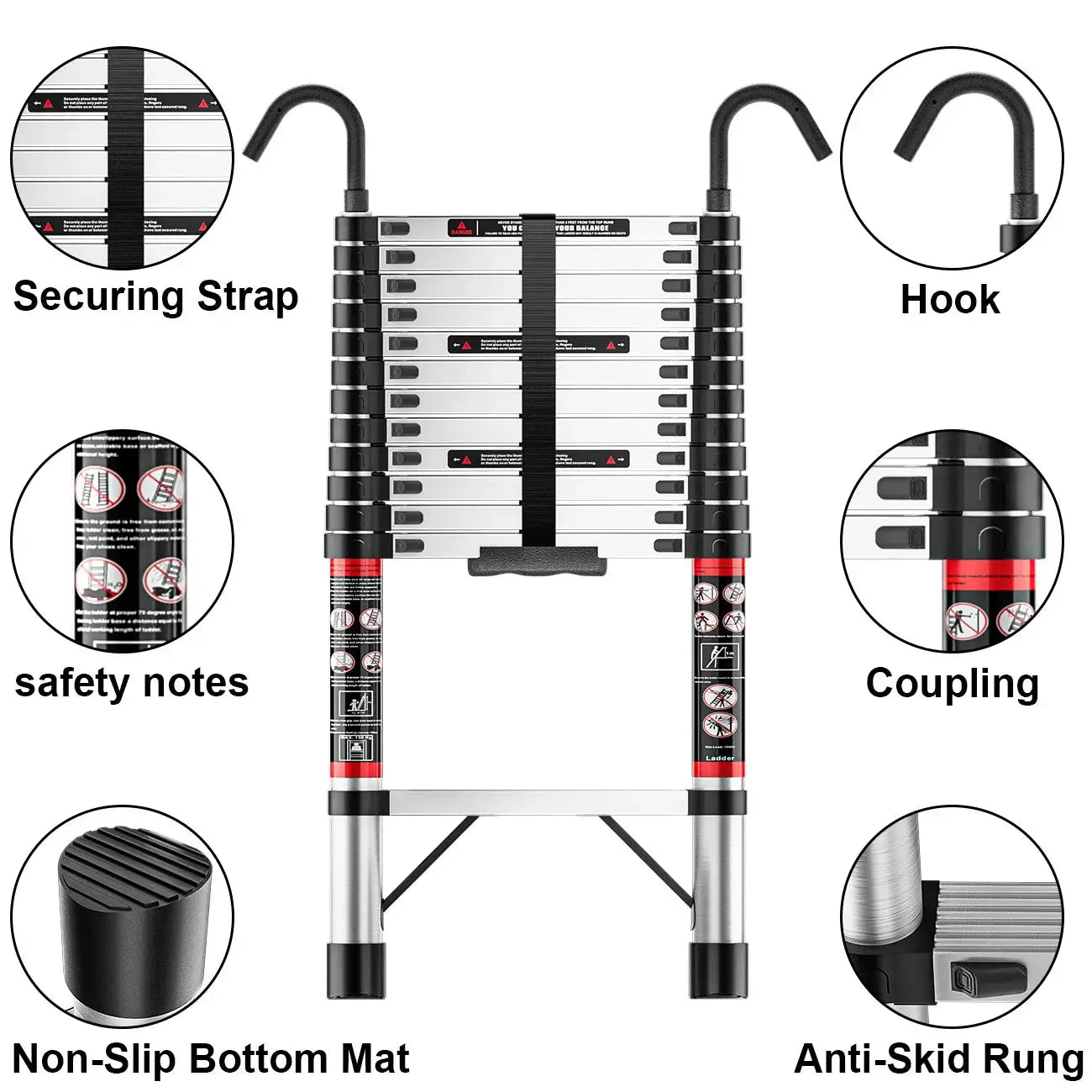 2.6M-5M Extension Ladder Stainless Steel Sturdy and Stable Anti-Slip Feet for Loft Arttic Outdoor EN131 150KG Load Capacity from PriceLows™
