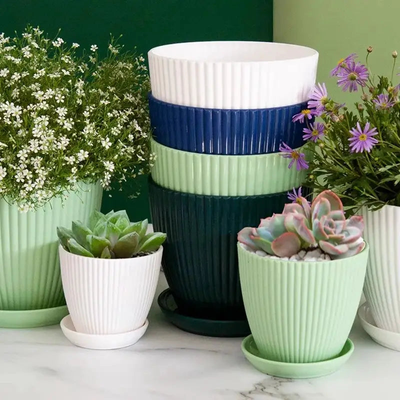 Plastic Planters Round Plant Pots with Tray Succulent Flowerpots Plants Garden Flower Nursery Pot Bedroom Office Flower Pot from PriceLows™