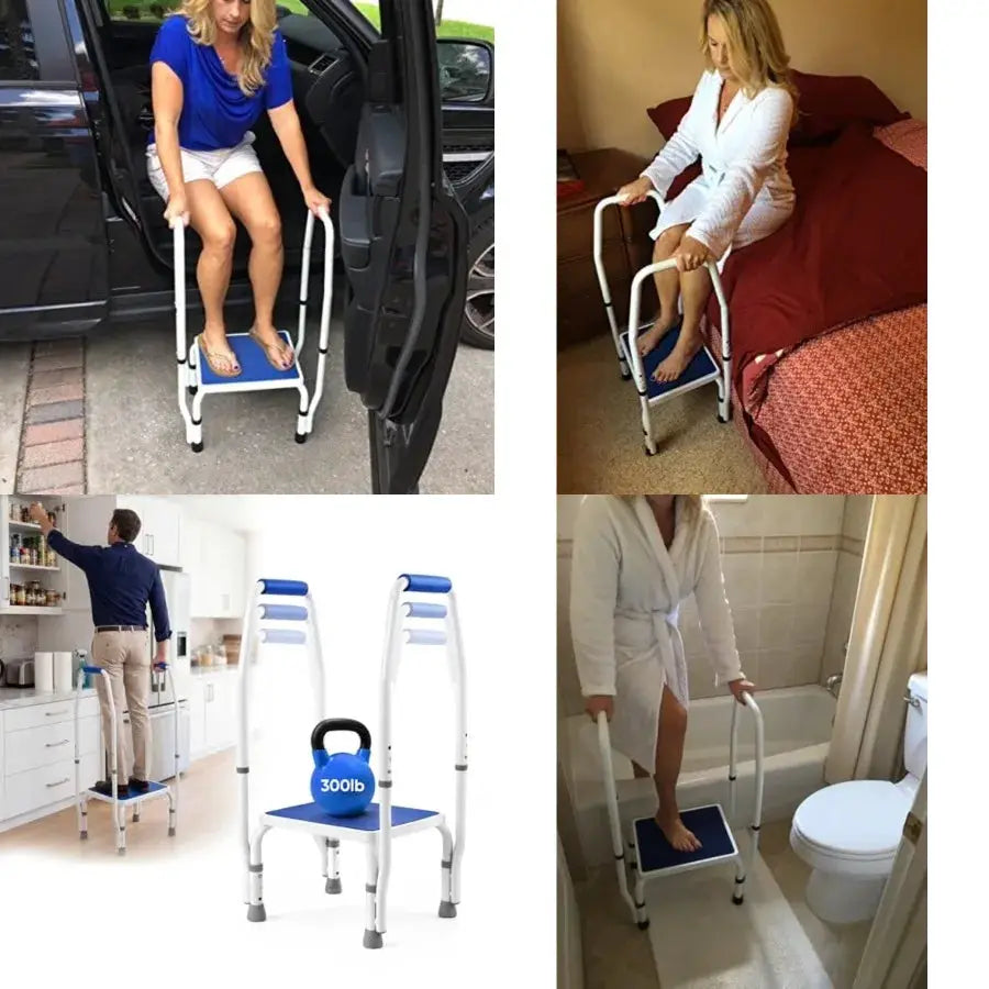 AdjustaStep tm DoubleSafe Deluxe Step Stool/Footstool with Dual Handle/Handrail, Height Adjustable. Modern White/Blue Design. P from PriceLows™