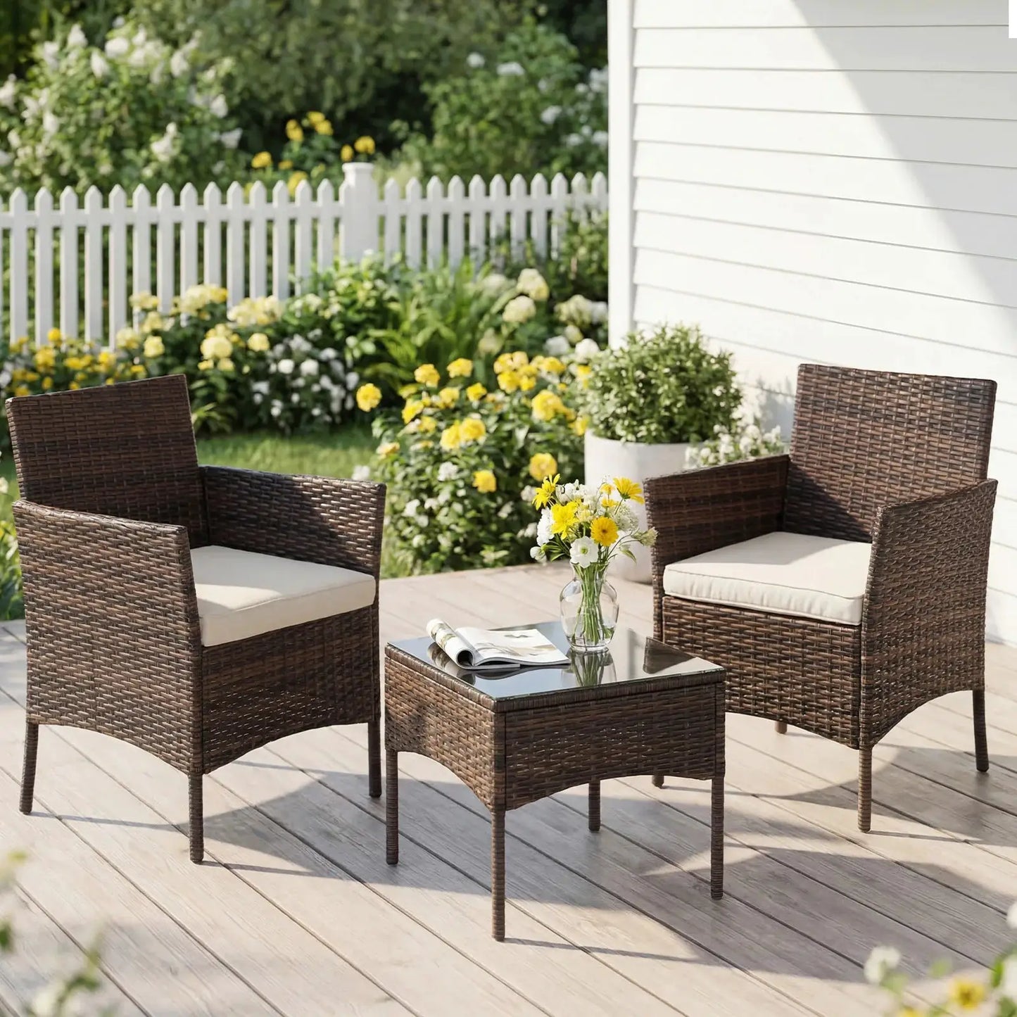 JHK 3 Pieces Outdoor Patio Furniture Set Manual Weaving Wicker Rattan Patio Chairs with Soft Cushion and Glass Table For Garden from PriceLows™