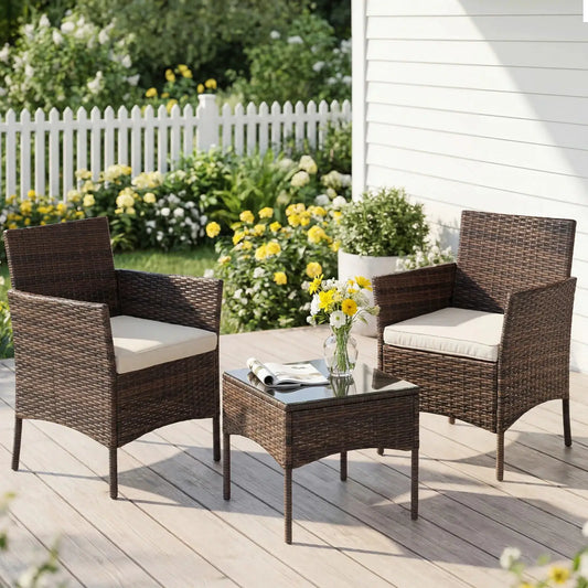 JHK 3 Pieces Outdoor Patio Furniture Set Manual Weaving Wicker Rattan Patio Chairs with Soft Cushion and Glass Table For Garden from PriceLows™