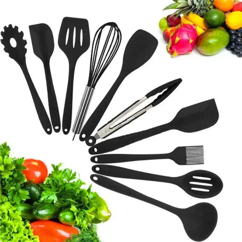 10 Pcs/Set Silicone Kitchen Utensils Set Non-Stick Silicone Tong Spoon Spatula Pasta Server Whisk Ladle Strainer Cooking Tools from PriceLows™