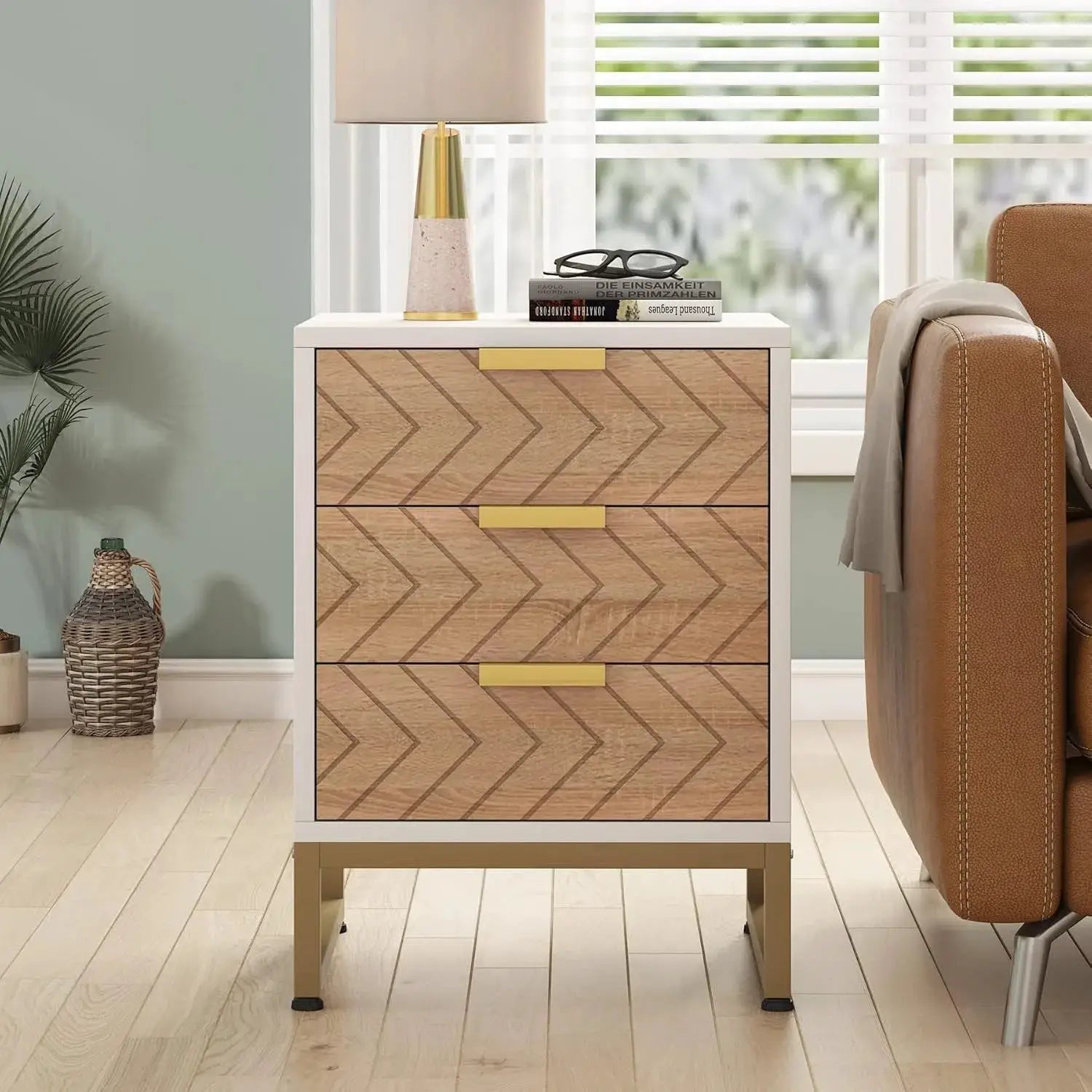 3 Drawers Nightstand, Modern Bedside Table with Unique Chevron Design, White End Side Table Night Stands for Bedroom from PriceLows™