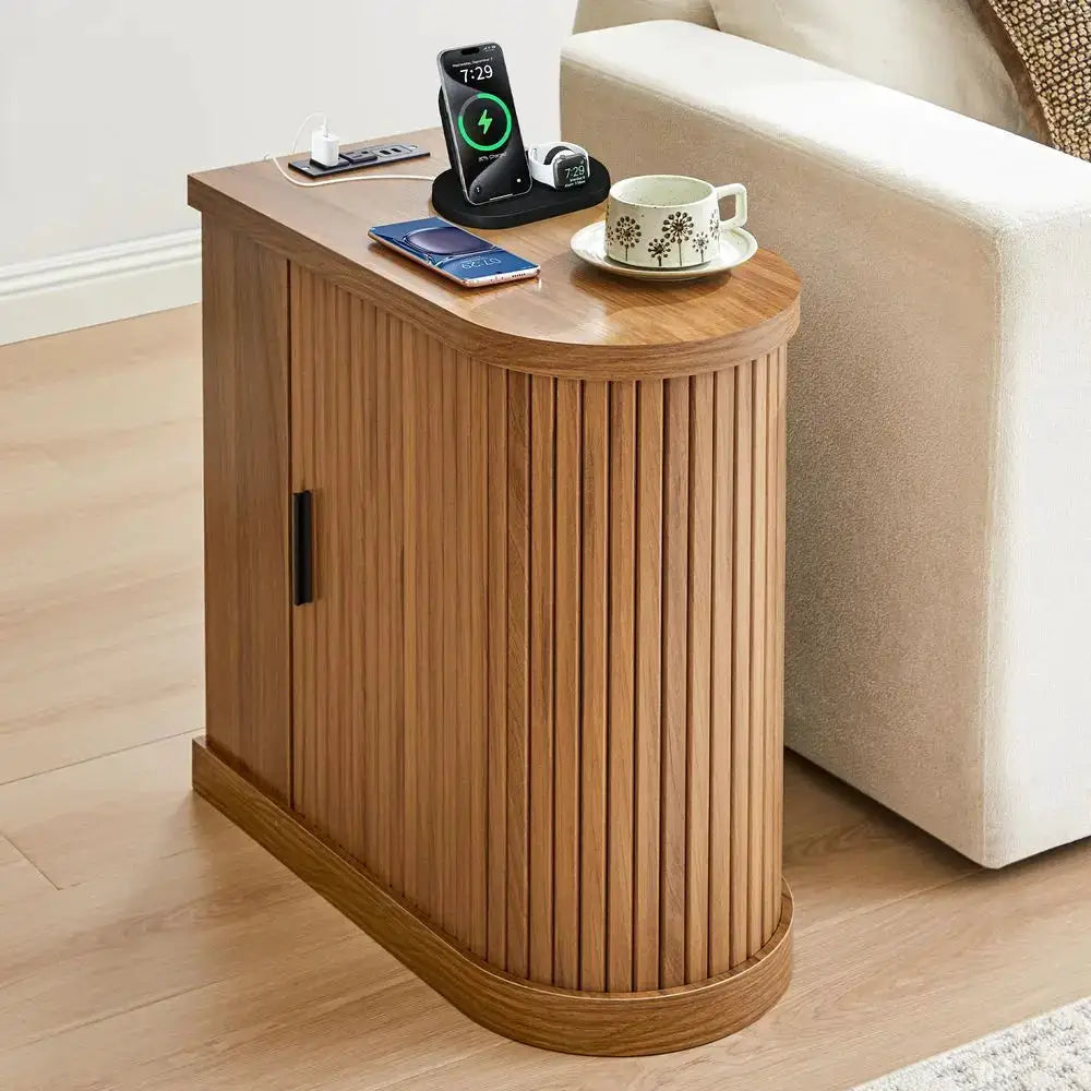 End Table, Narrow Side Table, Skinny Nightstand with Charging Station, MidCentury Modern Curved Fluted Bedside Table with Door from PriceLows™